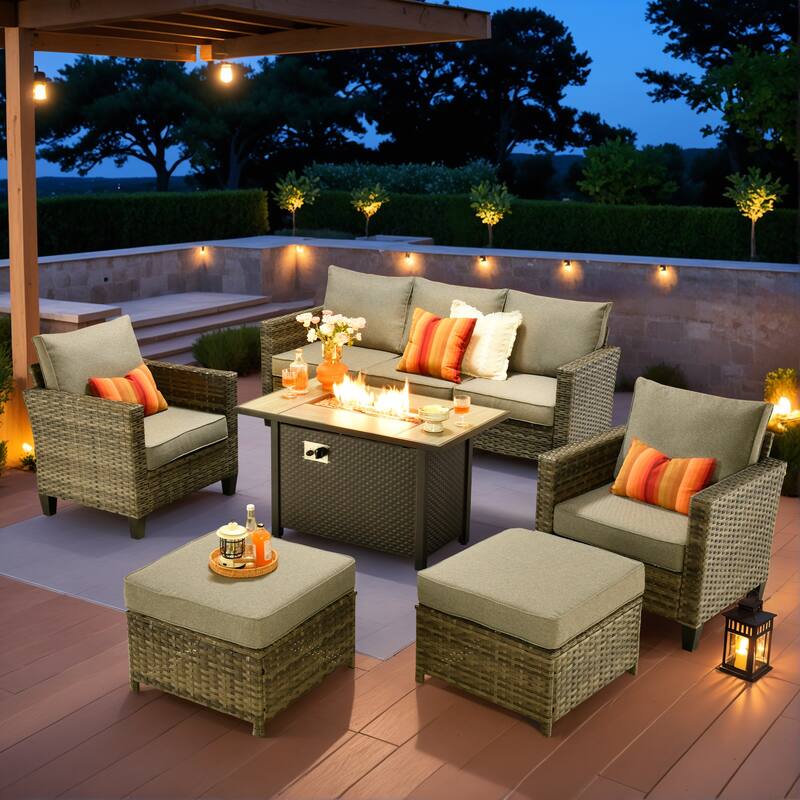 OVIOS 6-piece Patio Wicker Conversation Furniture Set With Fire Pit - Deep Grey