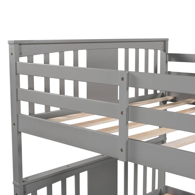 Full Pine Bunk Bed with Drawers, Ladder, and Headboard, Convertible to Two Beds