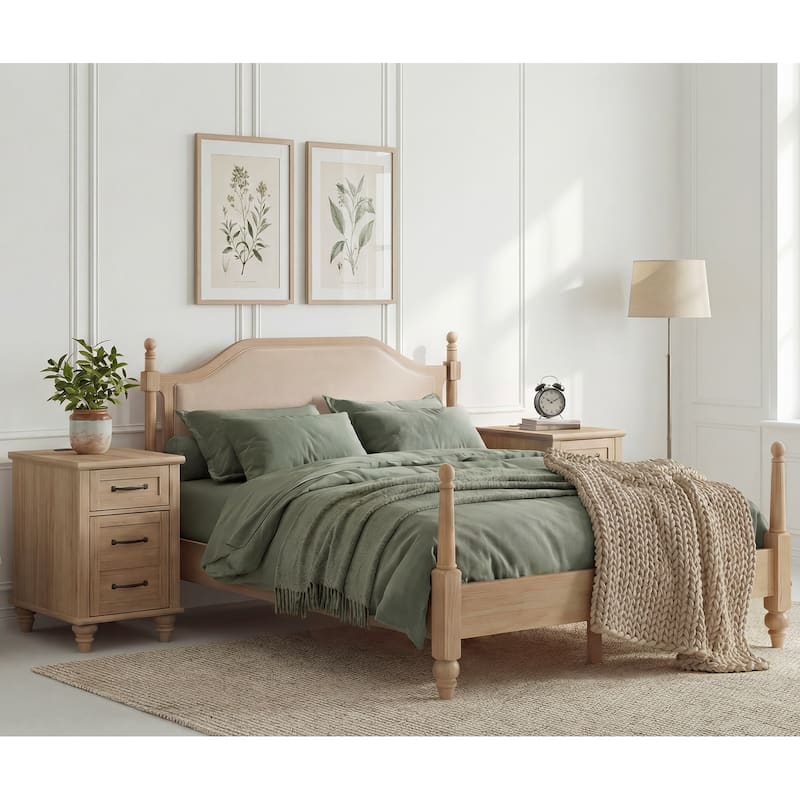 3 Piece Bedroom Set, Queen Size Bed Frame & Set of 2 Nightstands, Oak
