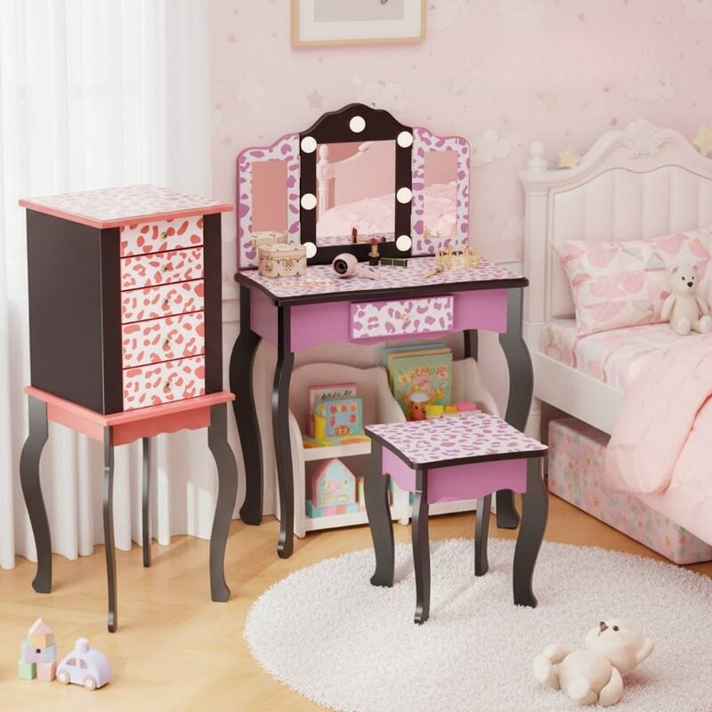 Kids MDF Vanity Table Set In Pink With 1 Drawer With 3-Color Dimmable LED Bulb - N/A