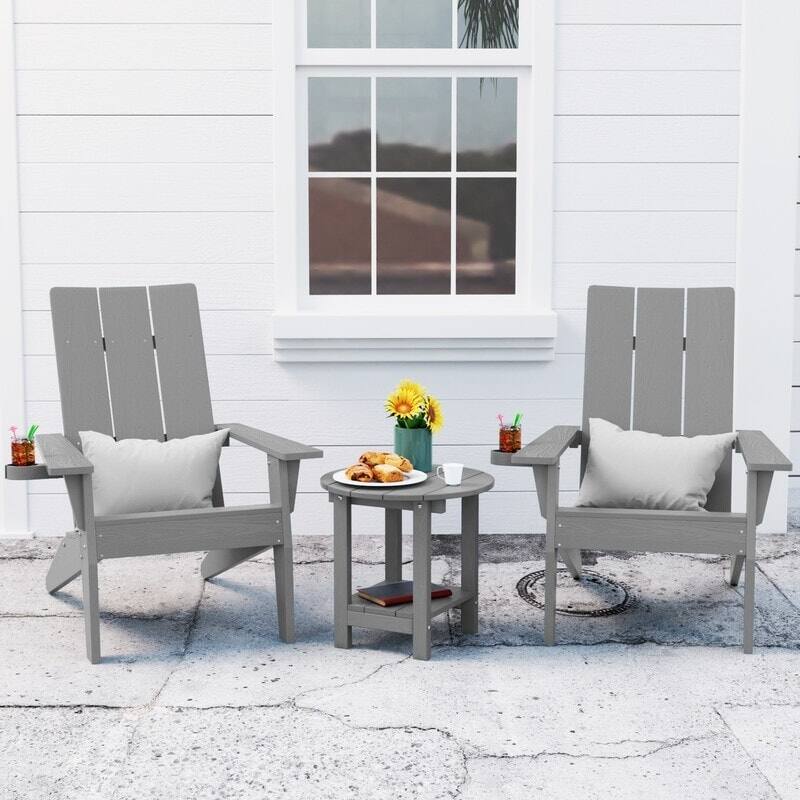 WINSOON 3-Piece All Weather HIPS Outdoor Cup Holder Adirondack Chairs and Table Set - Grey