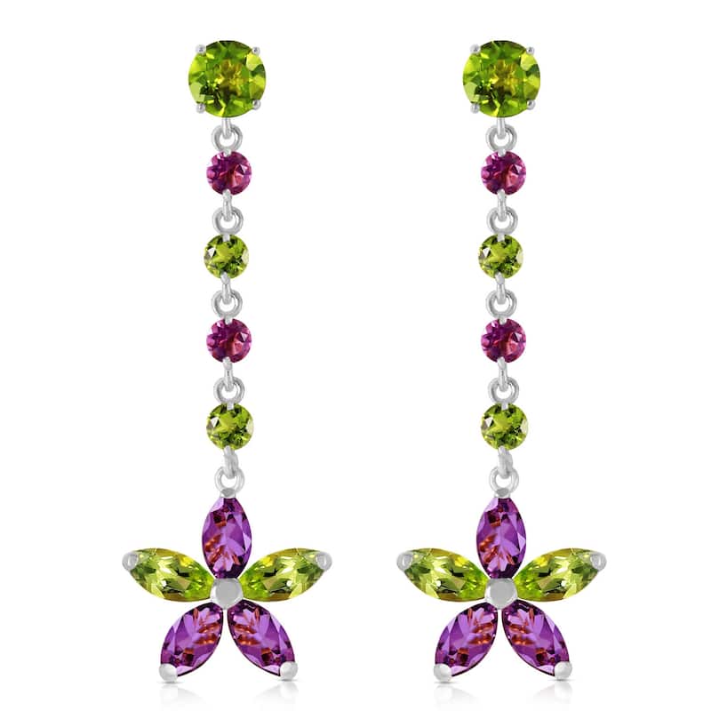 14K Solid Gold Chandelier Gemstone Earrings w/ Peridot & Amethyst