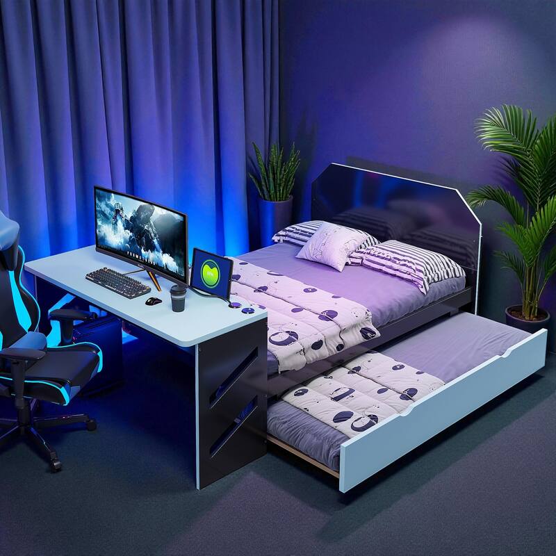 Full Size Wooden Daybed with Twin Trundle, Desk with USB Port, Storage-Friendly Design, Multi-Functional Bed Frame - Blue - Full