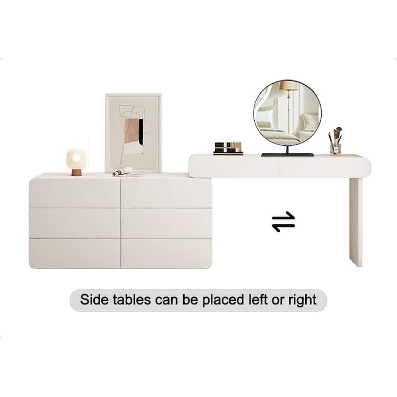 Deluxe Solid Wood White Dresser Set Expandable Sideboard Vanity and Stylish Acrylic Stool 6 Drawers