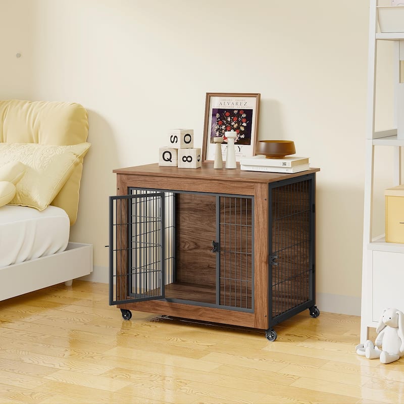 32.5" Dog Crate Furniture with Wheels for Small Dogs, Heavy Duty Dog Kennel Indoor with 2 Doors, Dog Cage for Anxiety Dog