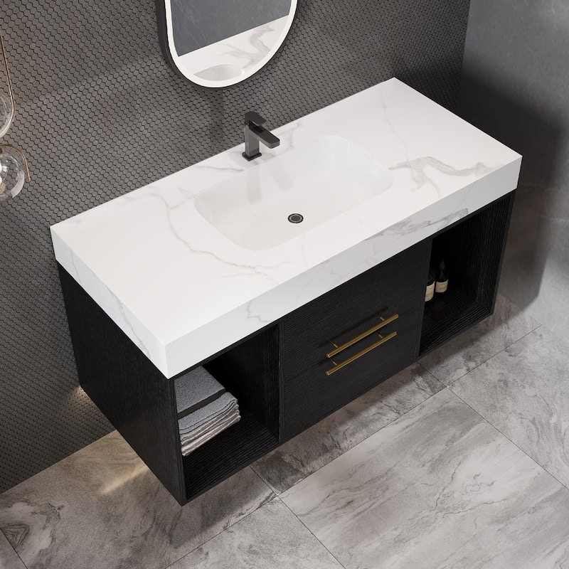 GDFStudio - Modern 39.4" Wall Mounted Floating Sintered Stone Bathroom Vanity with Seamless Ceramic Sink & Soft-Close Drawers
