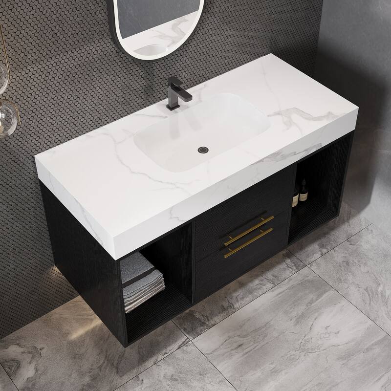 Modern Wall Mounted Bathroom Vanity Floating Storage Cabinet with Ceramic Sink, Faux Marble Countertop, Drawers and Open Shelves