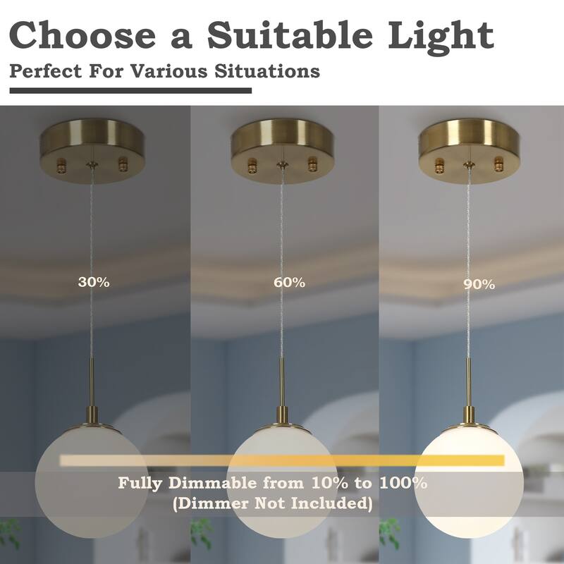 Modern 1-Light Gold LED Pendant Lights Globe Glass Kitchen Island Lights for Dining Room - 4.7" D x 8.5" H