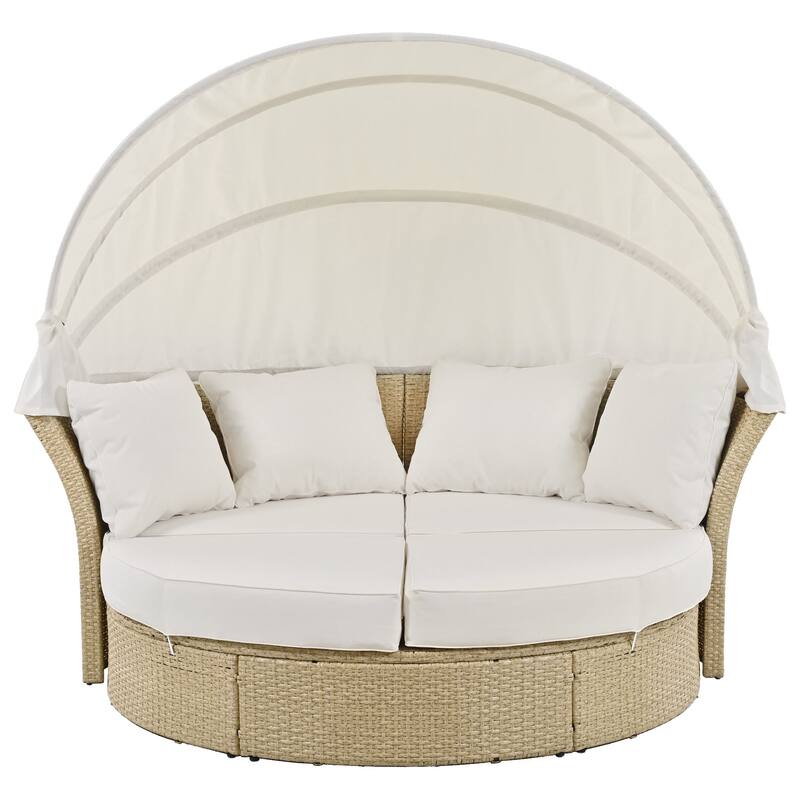 Beige Wicker Rattan Outdoor Patio Double Daybed with Retractable Canopy and 4 Pillows, Convertible Loveseat/Sofa Set