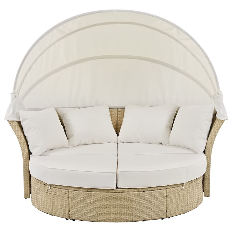 Outdoor Convertible Patio Daybed All Weather Wicker Rattan Round Sofa Furniture Set with Retractable Canopy - Beige