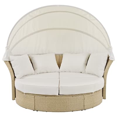 Outdoor Convertible Patio Daybed All Weather Wicker Rattan Round Sofa Furniture Set with Retractable Canopy