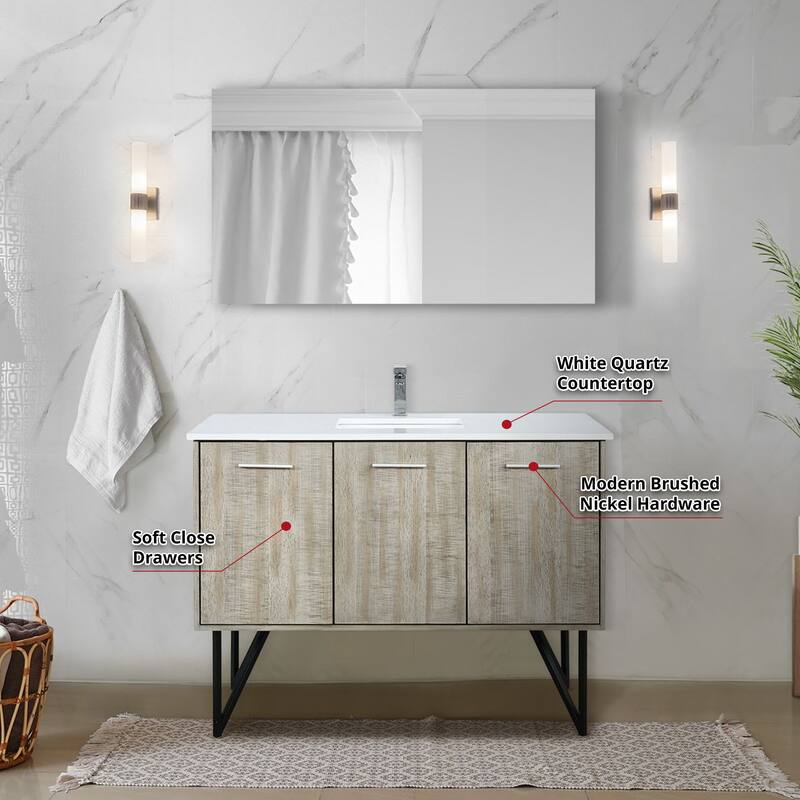 Lancy 48 in W x 20 in D Rustic Acacia Bath Vanity, White Quartz Top, Chrome Faucet Set and 43 in Mirror