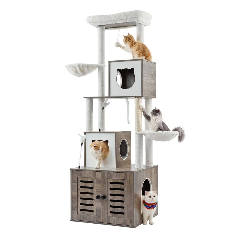 Wood Multi-Level Cat Tree with Litter Box Enclosure and Sisal Posts