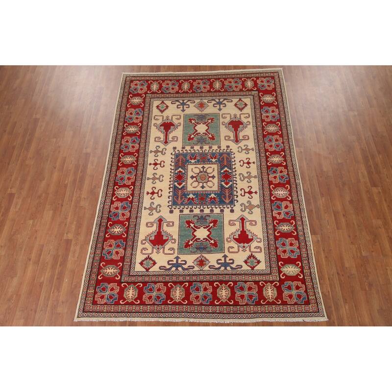 Hand Knotted Oriental 100% Wool Carpet Traditional Geometric Beige & Ivories Kazak Area Rug - 9' 8'' X 6' 6''