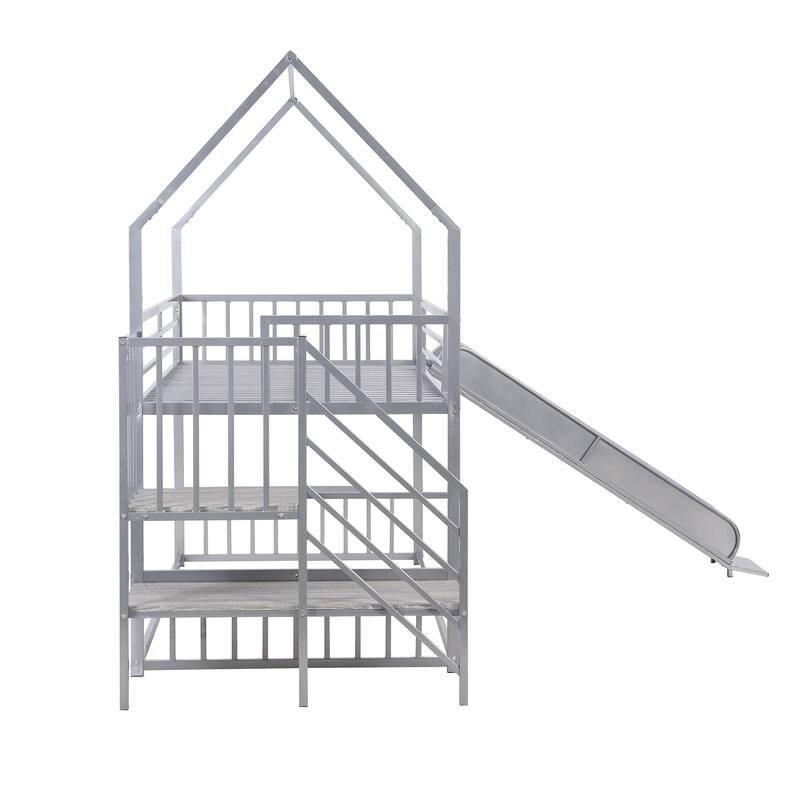 Twin Over Twin Bunk Bed House with Slide and Staircase, Metal Frame for Kids