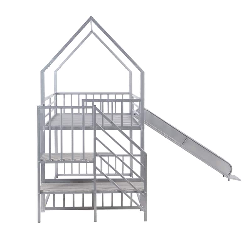 Twin Over Twin-Size Metal Bunk Bed House-Shape-Bed w/Slide, Staircase