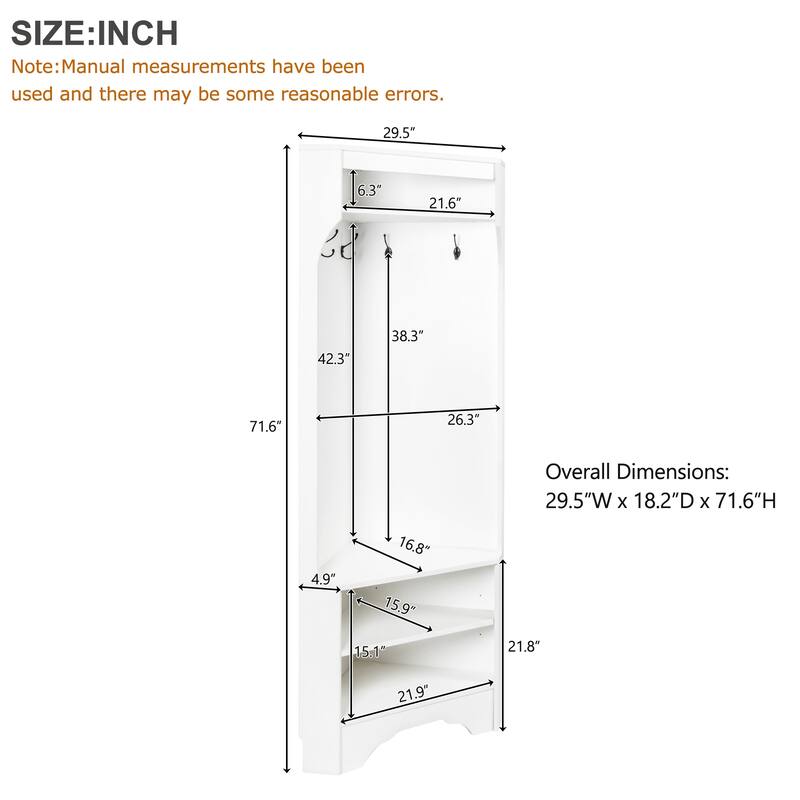 Corner Hall Tree with Shoe Bench - Multifunctional Entryway Coat Rack Featuring 4 Hooks and Adjustable Shelf,29.5''W x 71.6''H"