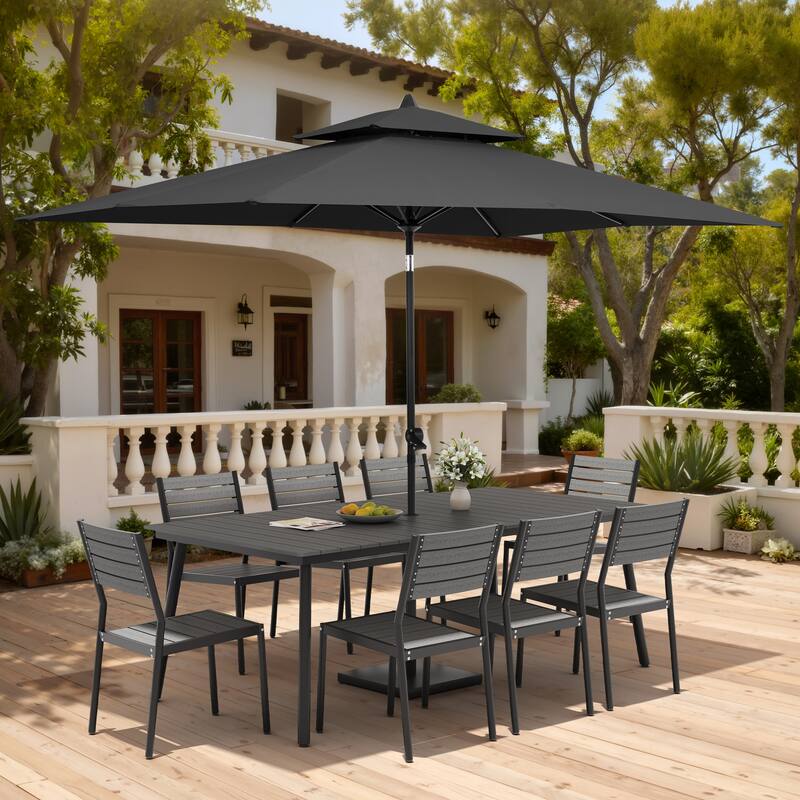 11PC Outdoor Patio Dining Set Aluminum Table with Stackable Chairs w/ Market Umbrella Set - GreyTable&GreyChairs&BlackUmbrella
