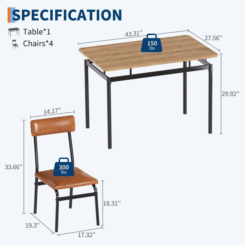 5 Piece Dining Table Set for 4, Small Industrial Kitchen Table with PU Padded Chairs & Metal Frames