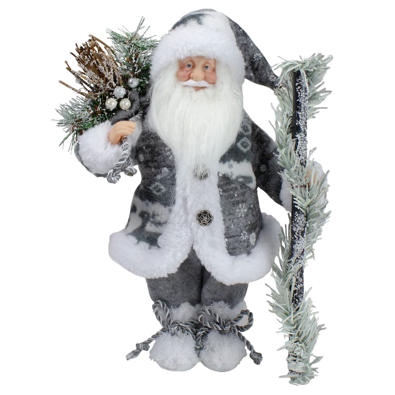 12" Country Patchwork Gray and White Santa Claus Christmas Figure
