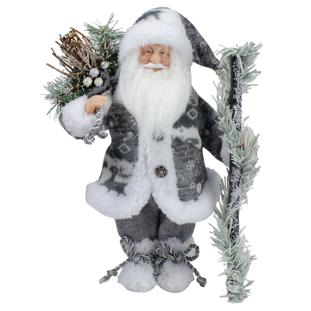 12" Country Patchwork Gray and White Santa Claus Christmas Figure