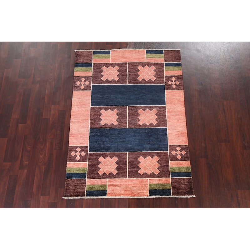 Geometric Gabbeh Kashkoli Oriental Area Rug Hand-knotted Wool Carpet - 4'2" x 5'9"
