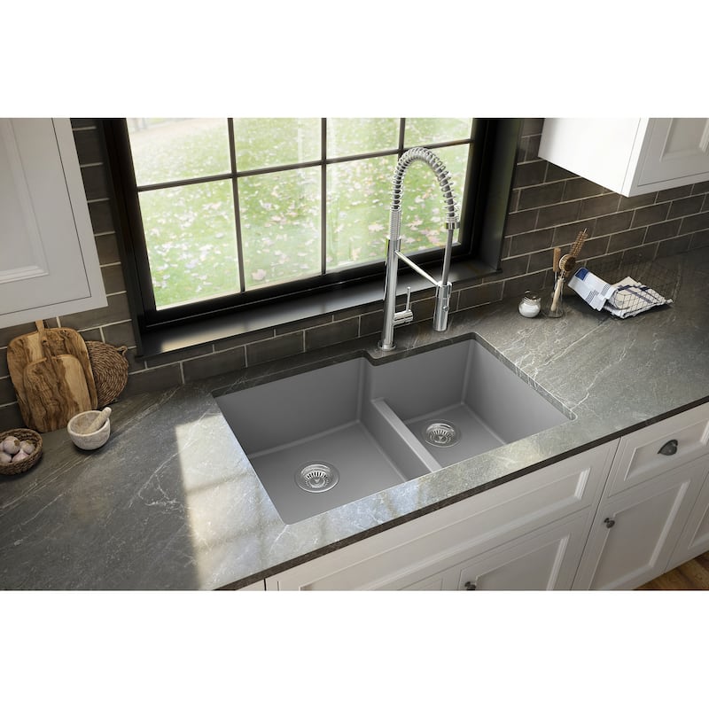 Karran 32" Undermount Large/Small Bowl Quartz Kitchen Sink Kit - 32" x 21.25" x 9"