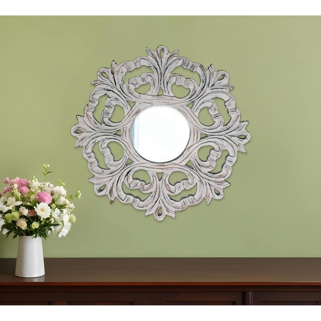 HomeRoots 24" White Floral Scrollwork Distressed Round Framed Accent Mirror - 23.6' X '23.6' X '0.7