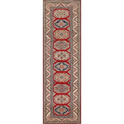Red Geometric Kazak Oriental Runner Rug Hand-Knotted Foyer Wool Carpet - 2'9" x 10'9"