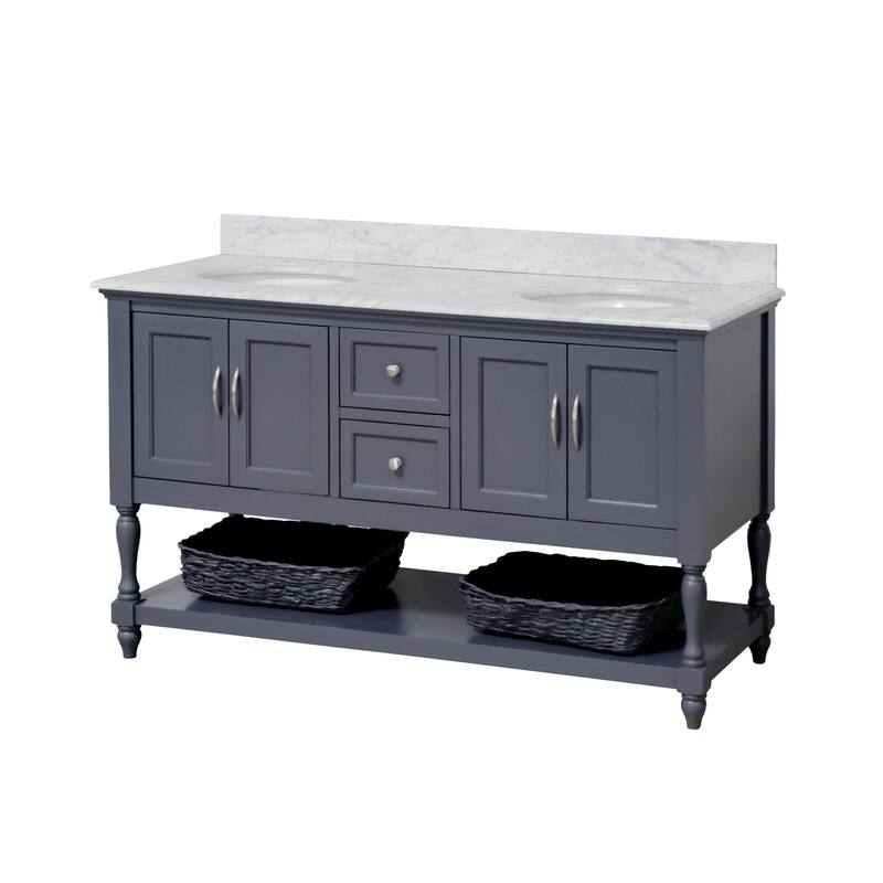 KitchenBathCollection Beverly 60" Double Bathroom Vanity with Carrara Marble Top