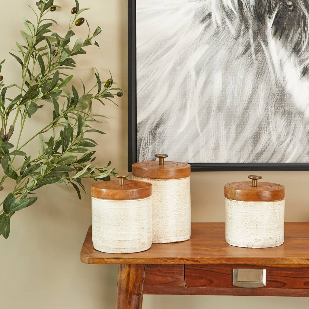 White Ceramic Living Room Decorative Jars with Wood Lids (Set of 3 ...