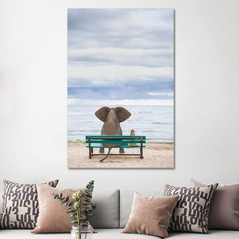 iCanvas "Elephant And Dog Sit On A Bench By The Sea II" by Mike Kiev Canvas Print