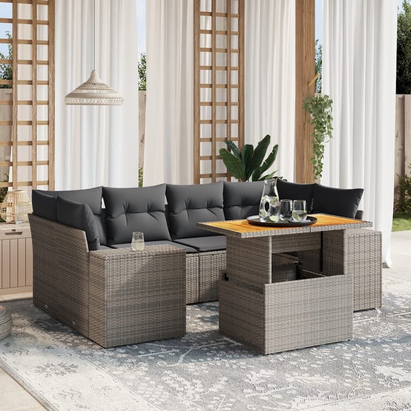 vidaXL Patio Sofa Set with Cushions Modular Lounge Sofas 7 Piece Poly Rattan - 21.7 x 39.4 x 28.7