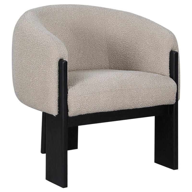 Vala Accent Chair, Modern Plush Beige Boucle Barrel Back, Black Wood