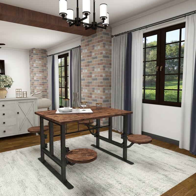 Brown Teak Wood Dining Table with Two, Four or Eight Attached Seats