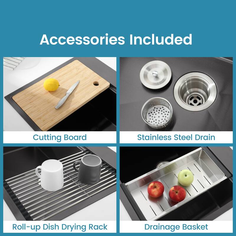 Stainless Steel Kitchen Sink, 30″x22″ Single Bowl, Overmount Handmade Sink in Black, with Cutting Board, Colander