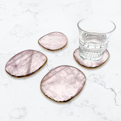 Set of 4 Natural Rose Quartz Stone Coasters with Gold/Silver Edge - Hand Made Polished Stone Drink Mat Set