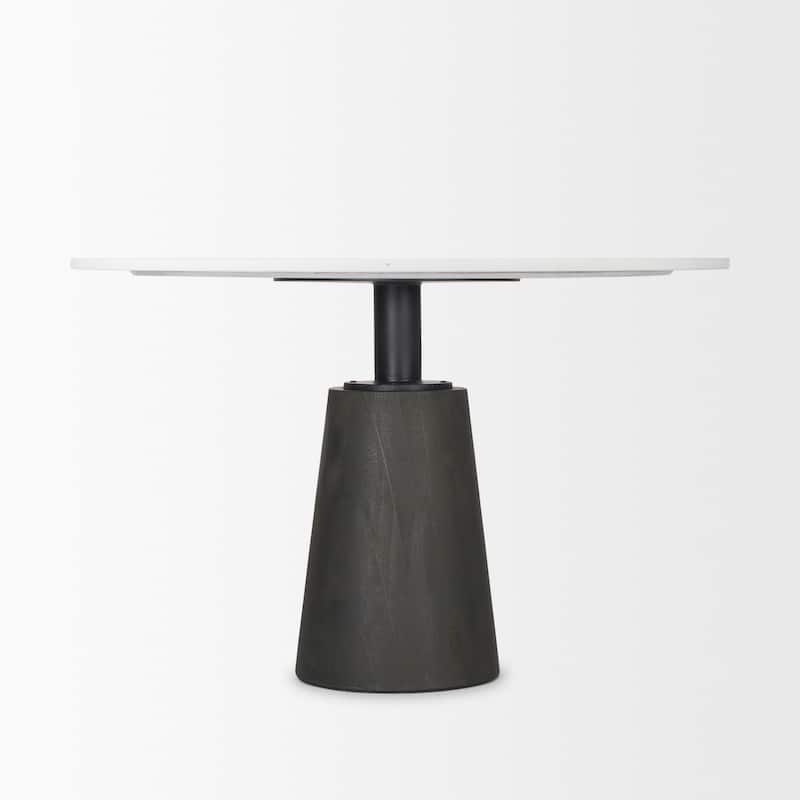 Maxwell 48L x 48W x 30H Round White Marble Top w/ Black Metal and Wood Pedestal Base Dining Table
