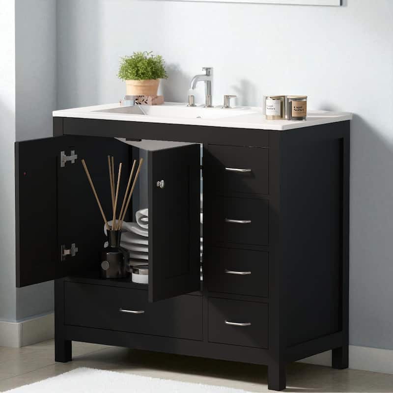 36" Bathroom Vanity with Ceramic Sink Solid Wood Base Soft Close Doors and 5 Storage Drawers