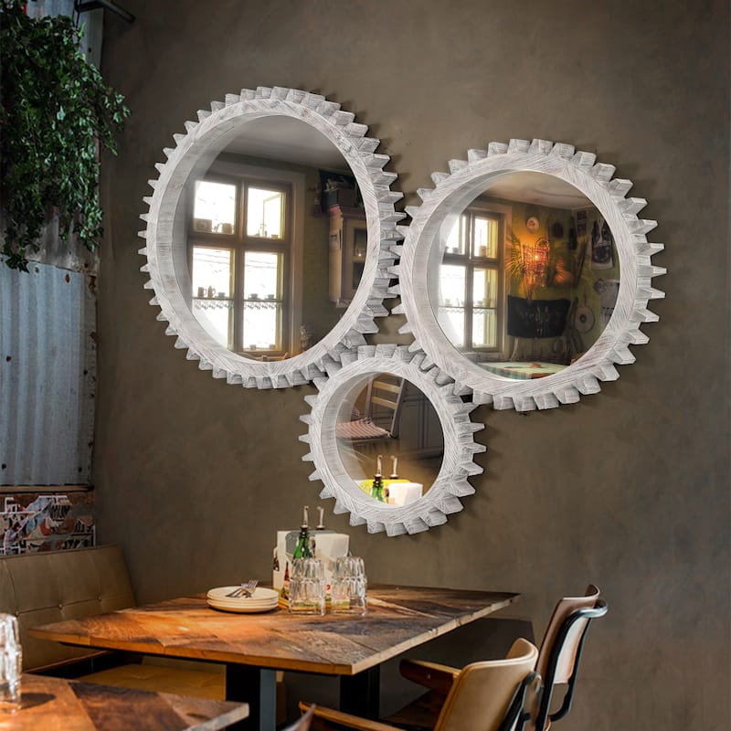 Vintage 34"x34"Wood Round Hanging Gear Shape Heavy Decorative Mirror For Bathroom Living Room Entryway Or Put Together