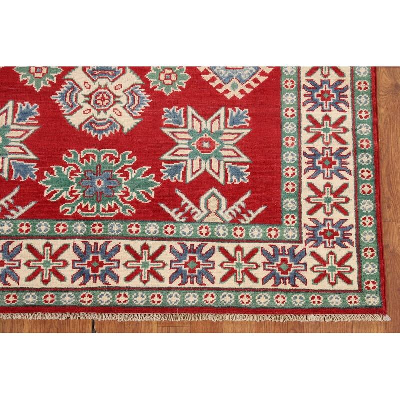 Red Kazak Oriental Area Rug Hand-Knotted Geometric Wool Carpet - 5'0" x 6'7"