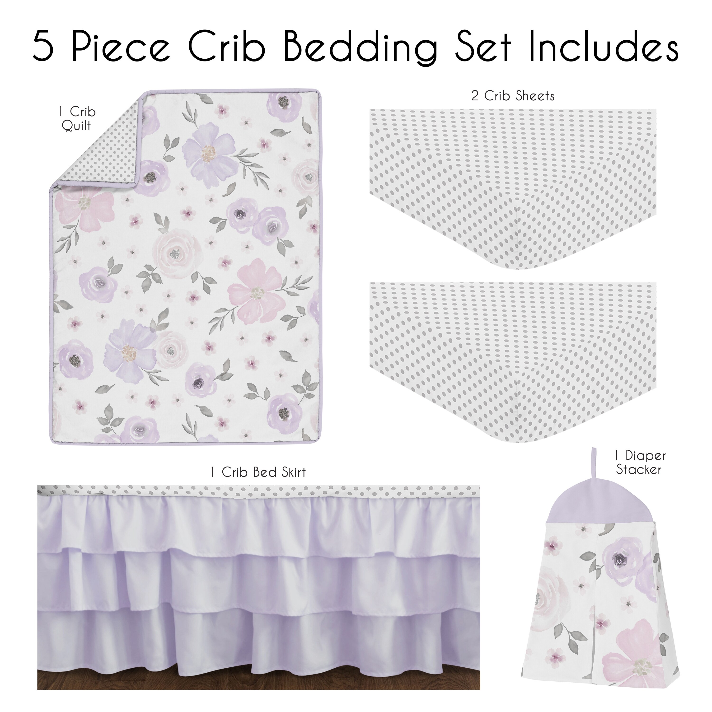 Sweet Jojo Designs Lavender Purple Boho Floral Girl 5p Nursery Crib Bedding Set Pink Grey White Bohemian Shabby Chic Farmhouse Bed Bath Beyond 39091444