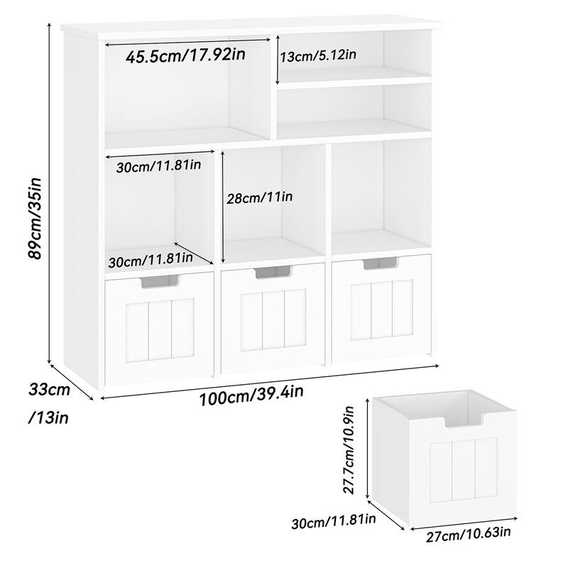 Toy Storage Organizerwith Hidden Wheels, Kids Bookshelf Floor Toy Storage Cabinet, 3 Movable Drawers