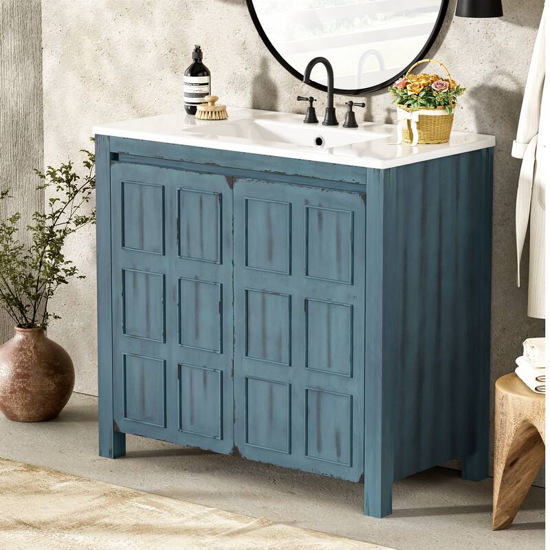 Bathroom Vanity with Resin Sink, Wooden Combo Cabinet Set, Bathroom Cabinet with 2 Soft Closing Doors & Adjustable Shelf