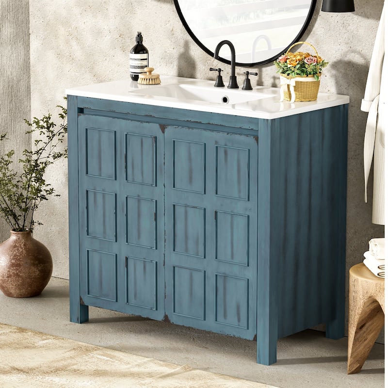 GDFStudio - Elysia Wood Bathroom Vanity with Ceramic Sink & Storage Cabinet Organizer - 36" - Retro Blue