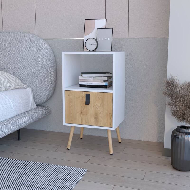 White and Macadamia Tall Nightstand with Open Shelf - White+Natural