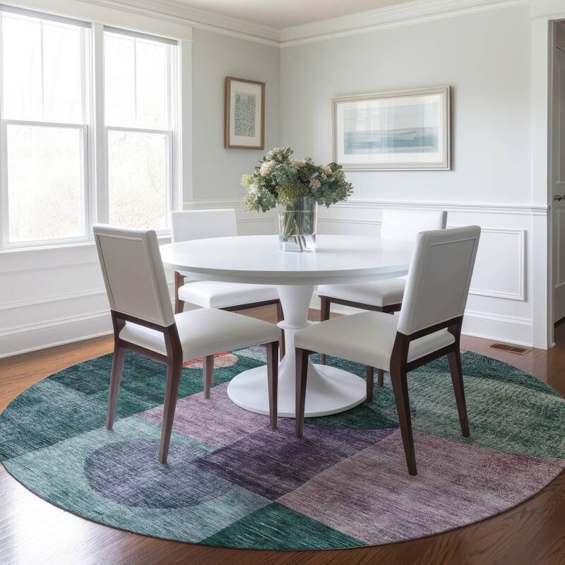 Machine Washable Indoor/ Outdoor Abstract Geo Chantille Rug - Green - 8' x 8'