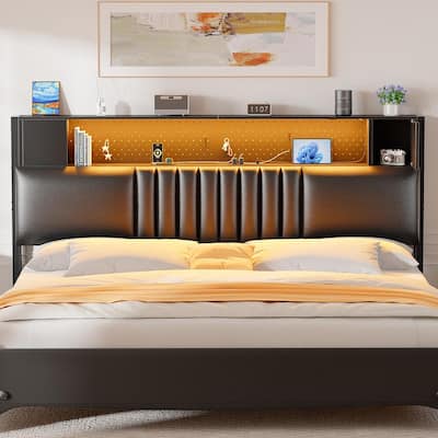 Upholstered Headboard with Storage Shelf and Small Cabinet, Headboard Power Outlet and LED Light