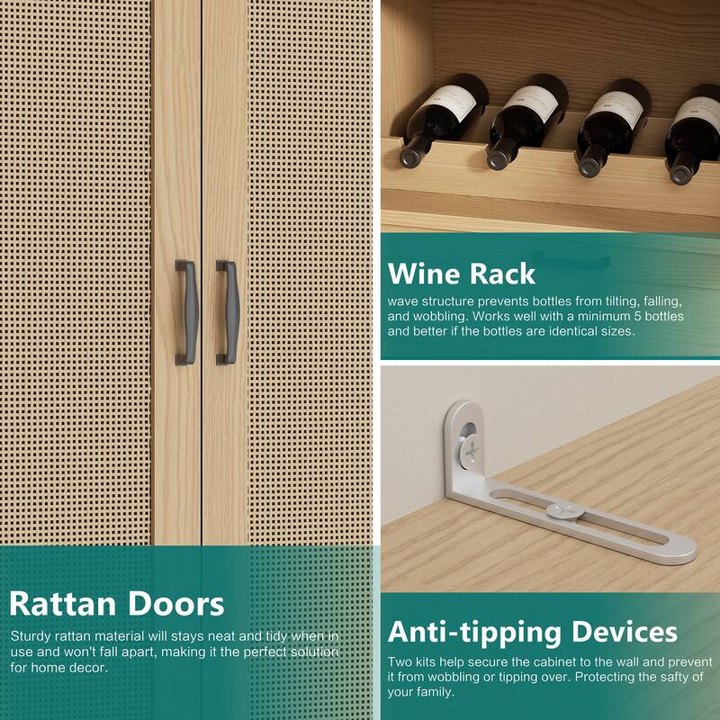 Rattan Door Pantry Storage Cabinet with Wine Rack - Freestanding Storage Organizer with Anti-Tip
