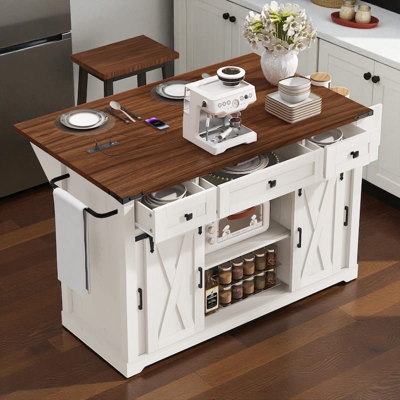 58" Farmhouse Kitchen Island with Drop Leaf, Sliding Barn Door, Power Outlet, and Rolling Storage Cabinets